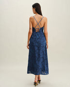 Navy Jacquard Backless Maxi Dress with Slip Design