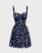 Navy Floral Mini Dress with Sweetheart Neckline