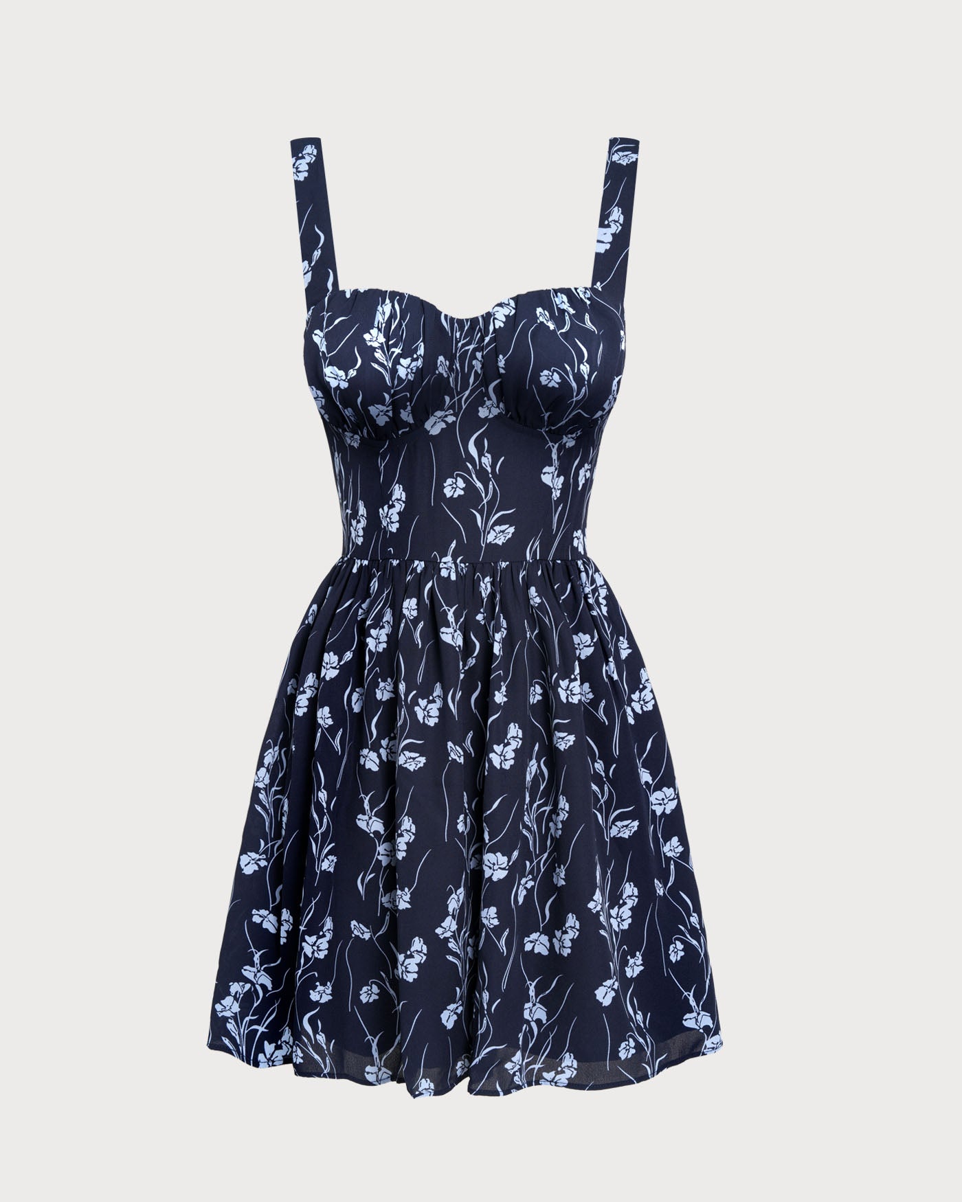 Navy Floral Mini Dress with Sweetheart Neckline