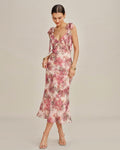 Floral Pink Midi Dress with Ruffled Tie Straps
