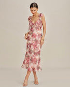 Floral Pink Midi Dress with Ruffled Tie Straps