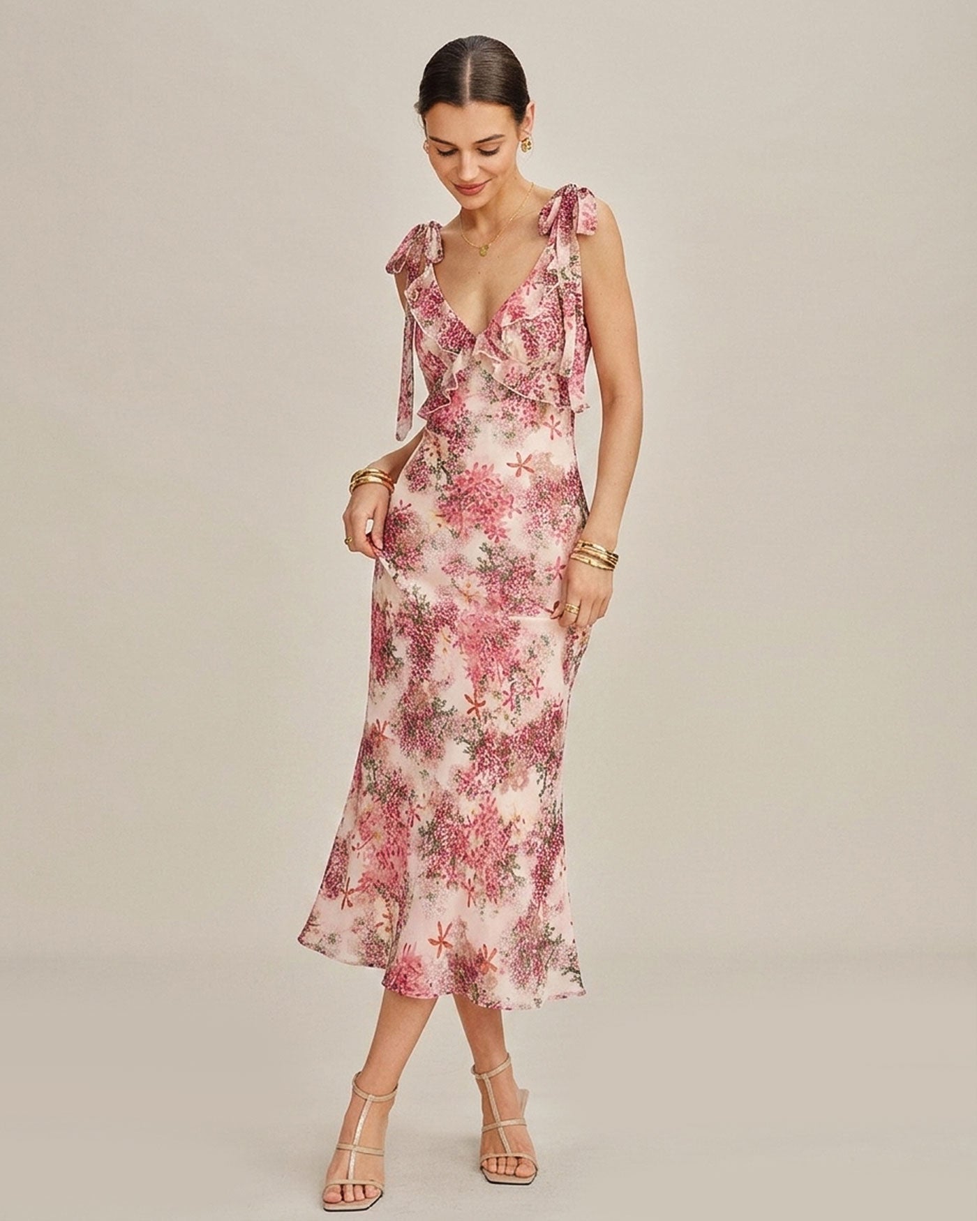 Floral Pink Midi Dress with Ruffled Tie Straps