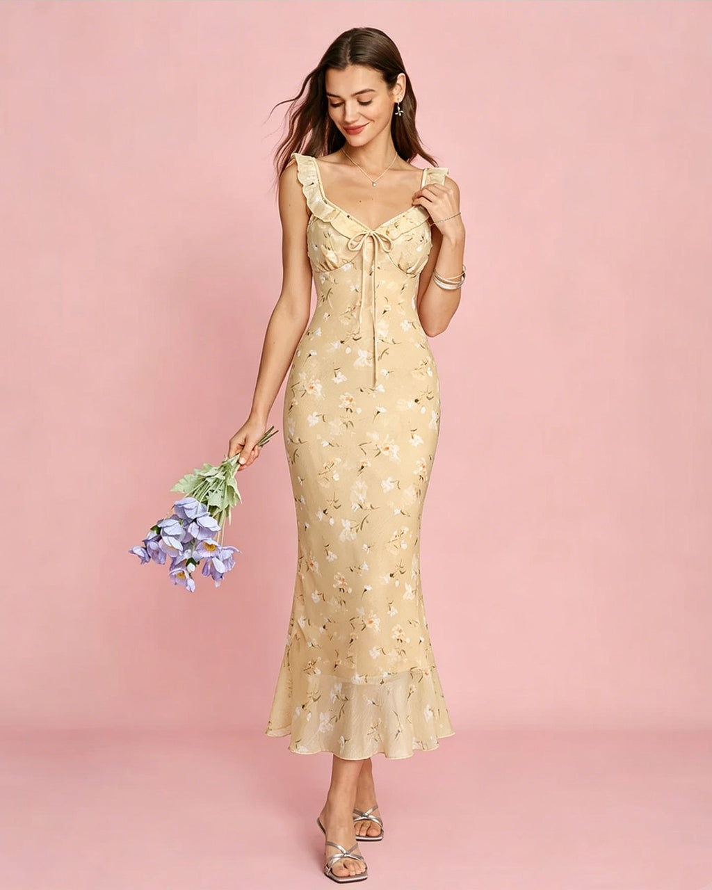 Yellow Floral Ruffled Midi Dress with Ruched Details
