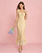 Yellow Floral Ruffled Midi Dress with Ruched Details