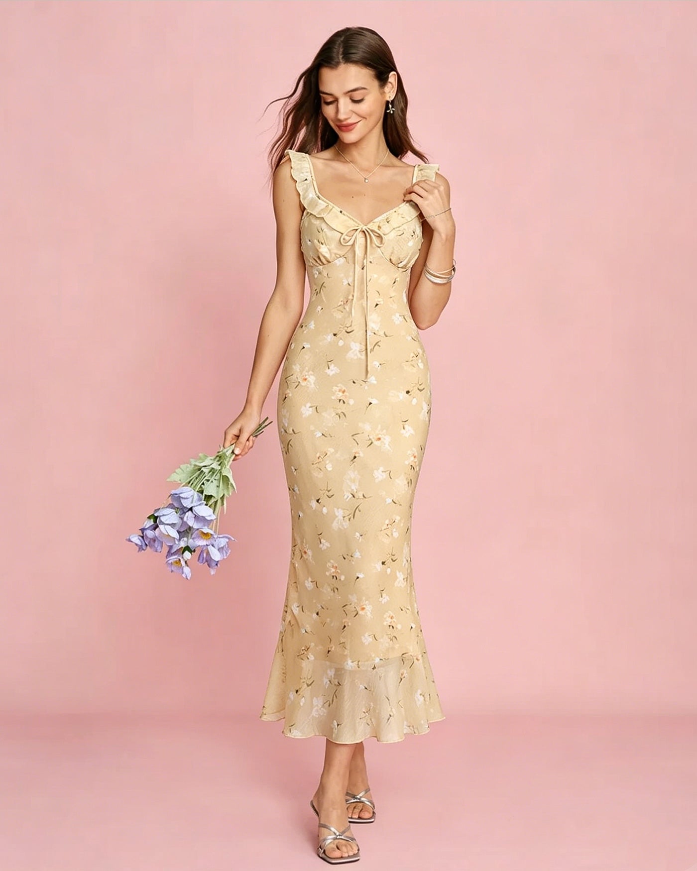 Yellow Floral Ruffled Midi Dress with Ruched Details