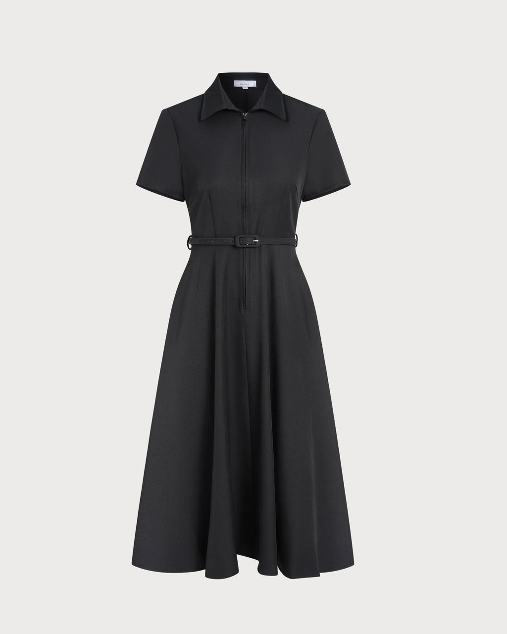 Black Midi Dress with A-Line Silhouette and Belt