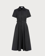 Black Midi Dress with A-Line Silhouette and Belt