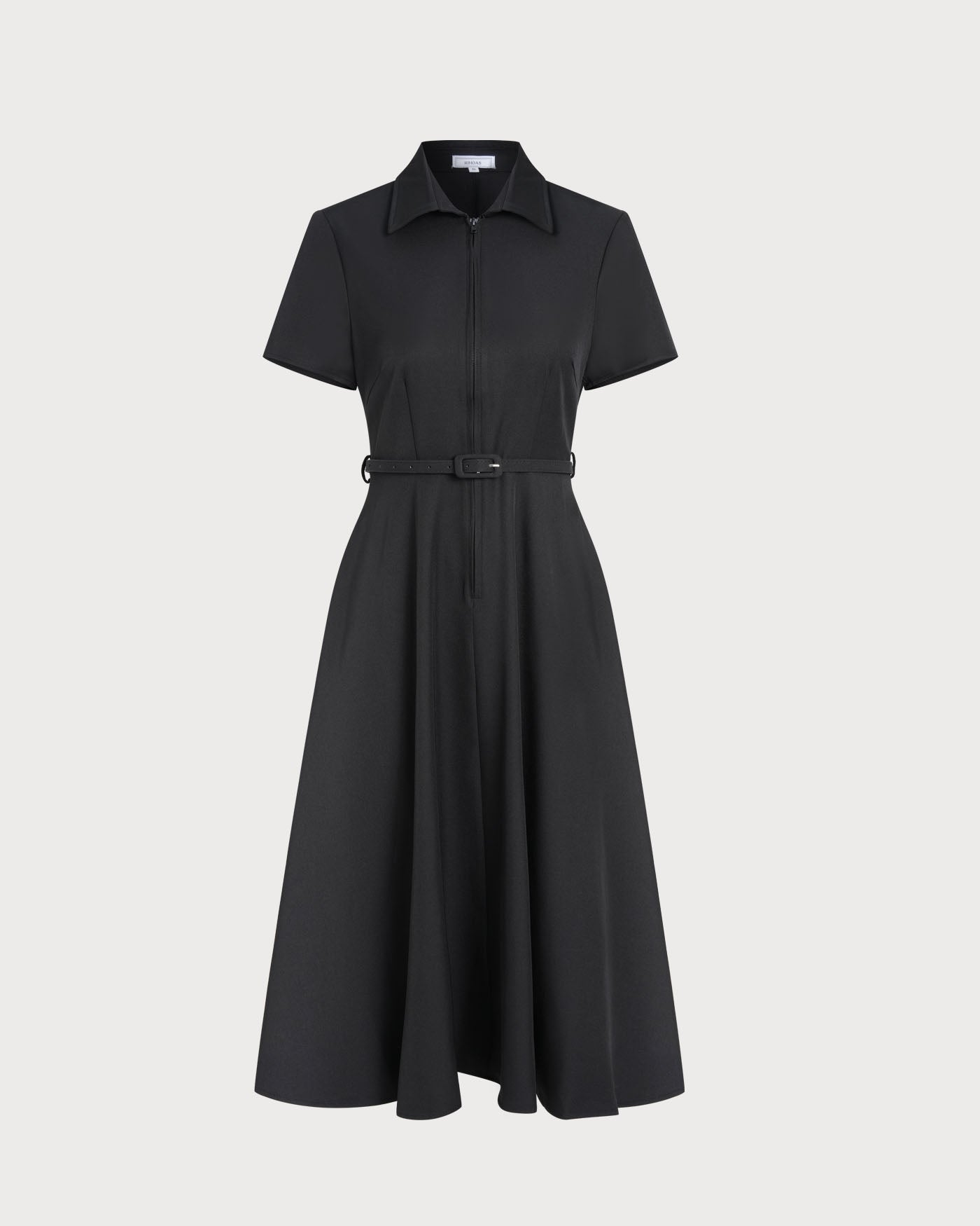Black Midi Dress with A-Line Silhouette and Belt