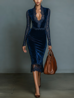 Samt Midi Kleid V-Ausschnitt Spitz