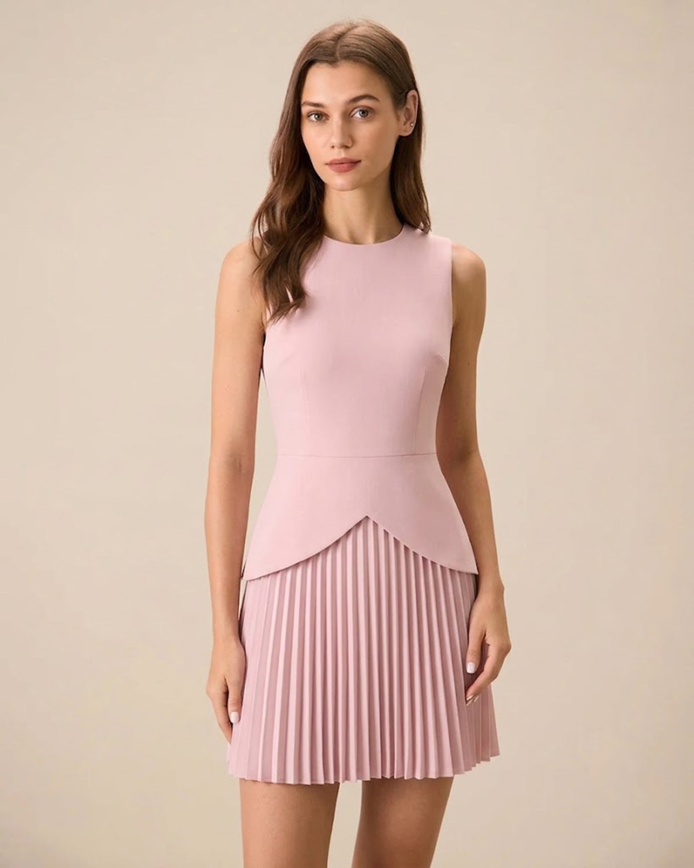 Pink Skater Mini Dress with Round Neck