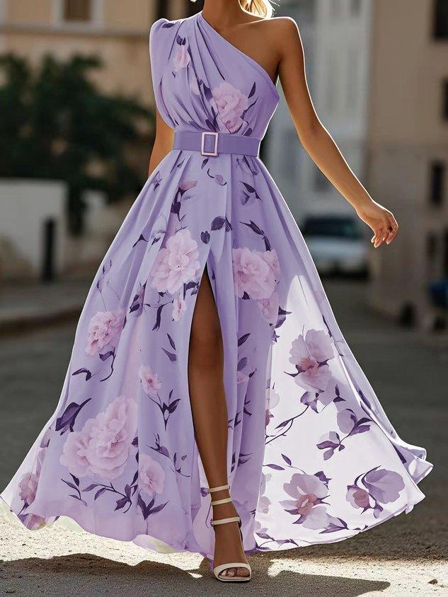 Julie | Hellgrünes Floral Chiffon Ein-Schulter Maxikleid