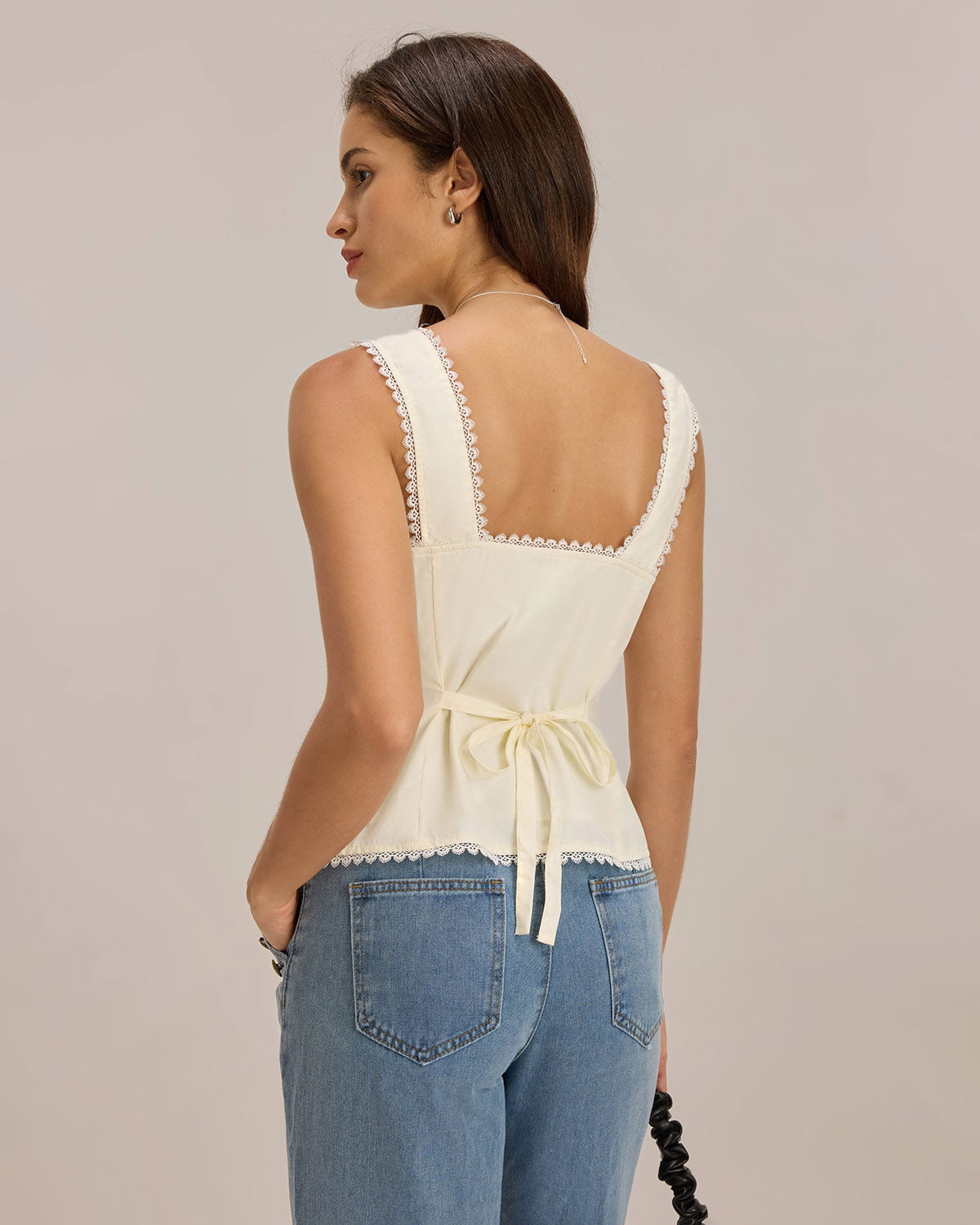 Beige V-Neck Lace-Up Back Vest