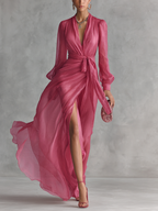 Rosa Chiffonkleid mit V-Ausschnitt