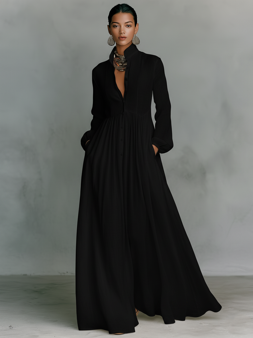Zoey | Patchwork Baumwoll Leinen Maxikleid Stehkragen