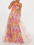 Karen | Gemaltes Blumenmuster V-Ausschnitt Maxikleid