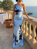 Victoria | Satin Ink Print Off-Shoulder Maxikleid