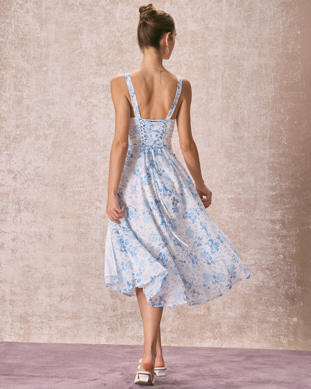 Floral Ruched Midi Dress with Blue Square Neck