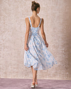 Floral Ruched Midi Dress with Blue Square Neck