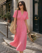 Pink V-Neck Midi Dress with Ruched Detailing and Button Accents