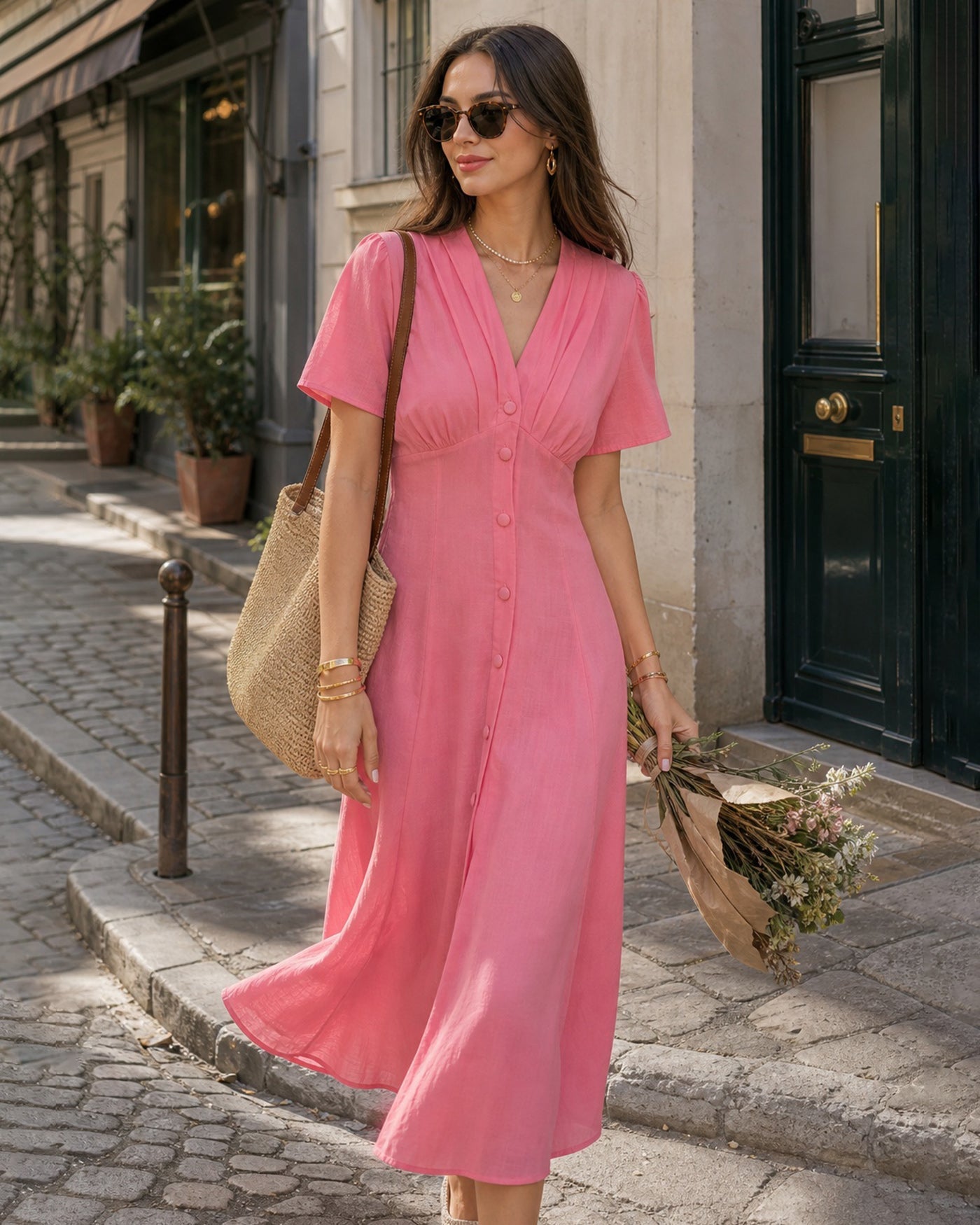 Pink V-Neck Midi Dress with Ruched Detailing and Button Accents