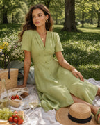 Green V-Neck A-Line Midi Dress with Buttons