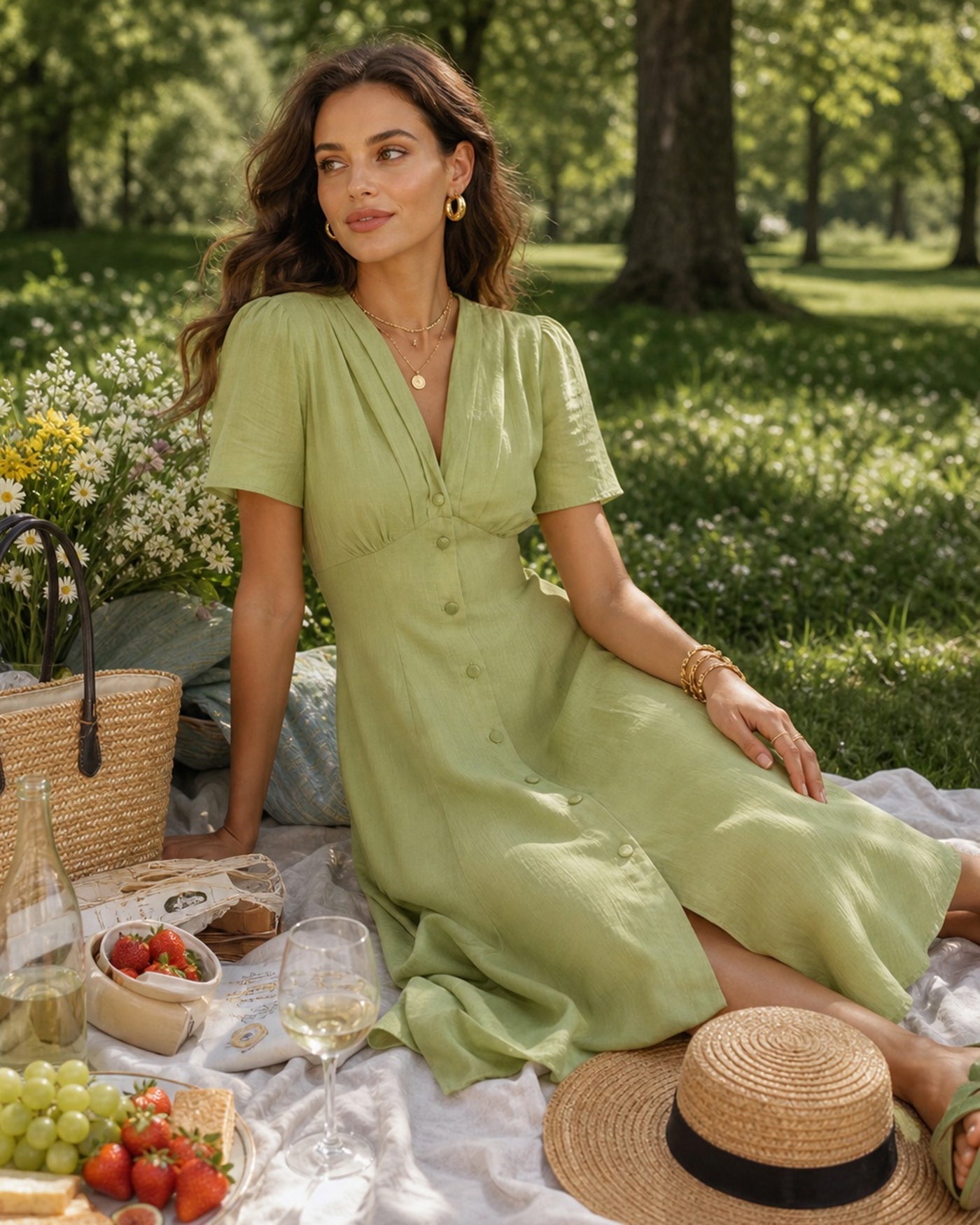 Green V-Neck A-Line Midi Dress with Buttons