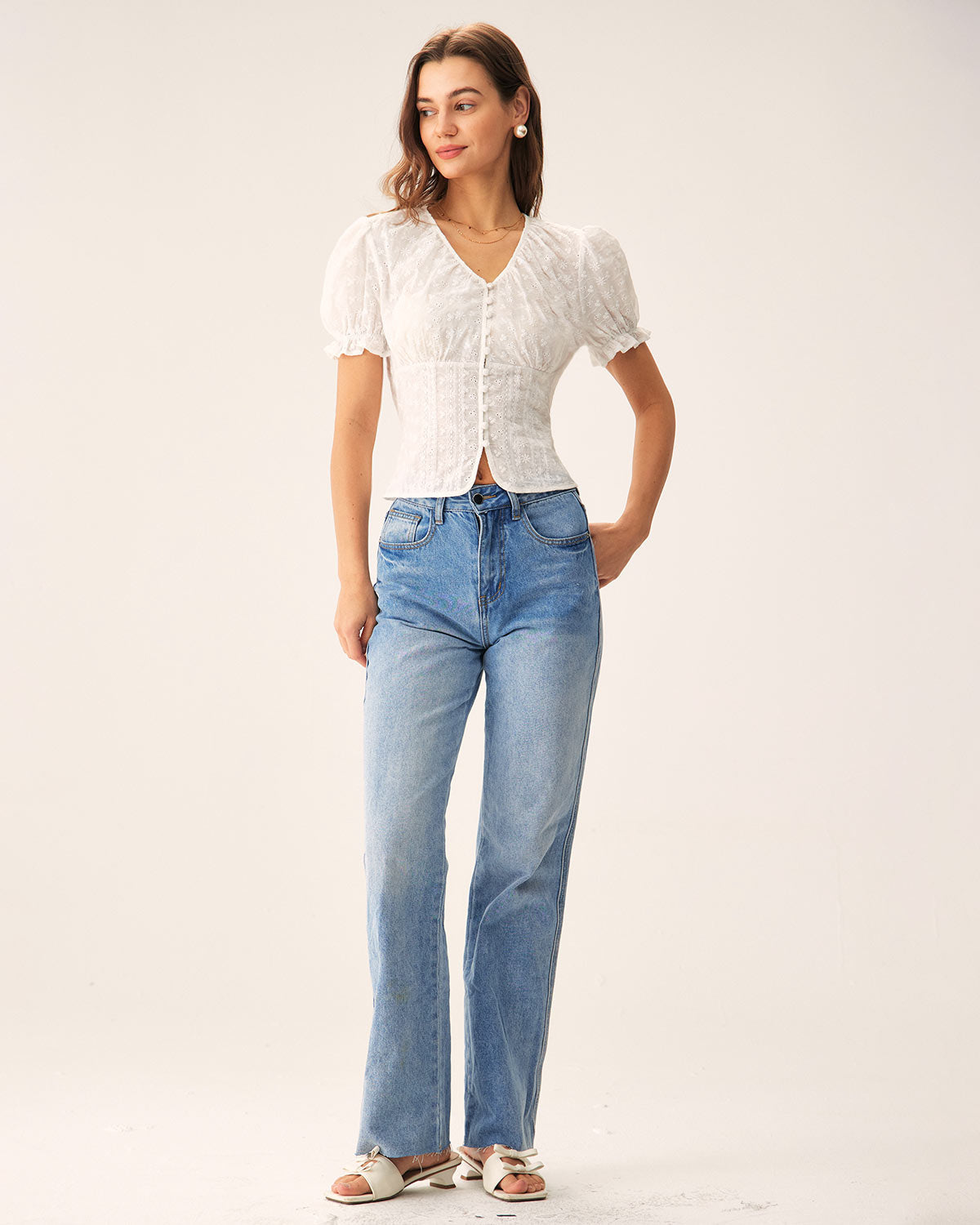 White Floral Blouse with Puffed Sleeves
