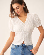White Floral Blouse with Puffed Sleeves