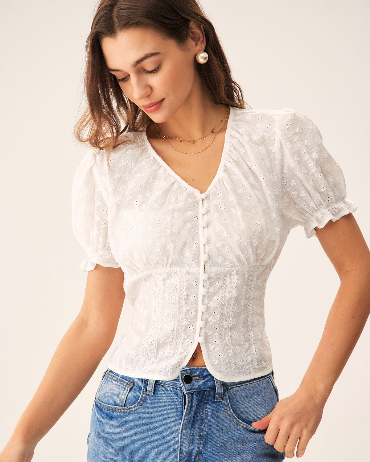 White Floral Blouse with Puffed Sleeves