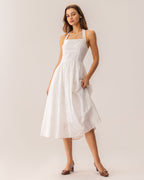 Embroidered White Halter Midi Dress