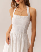 Embroidered White Halter Midi Dress