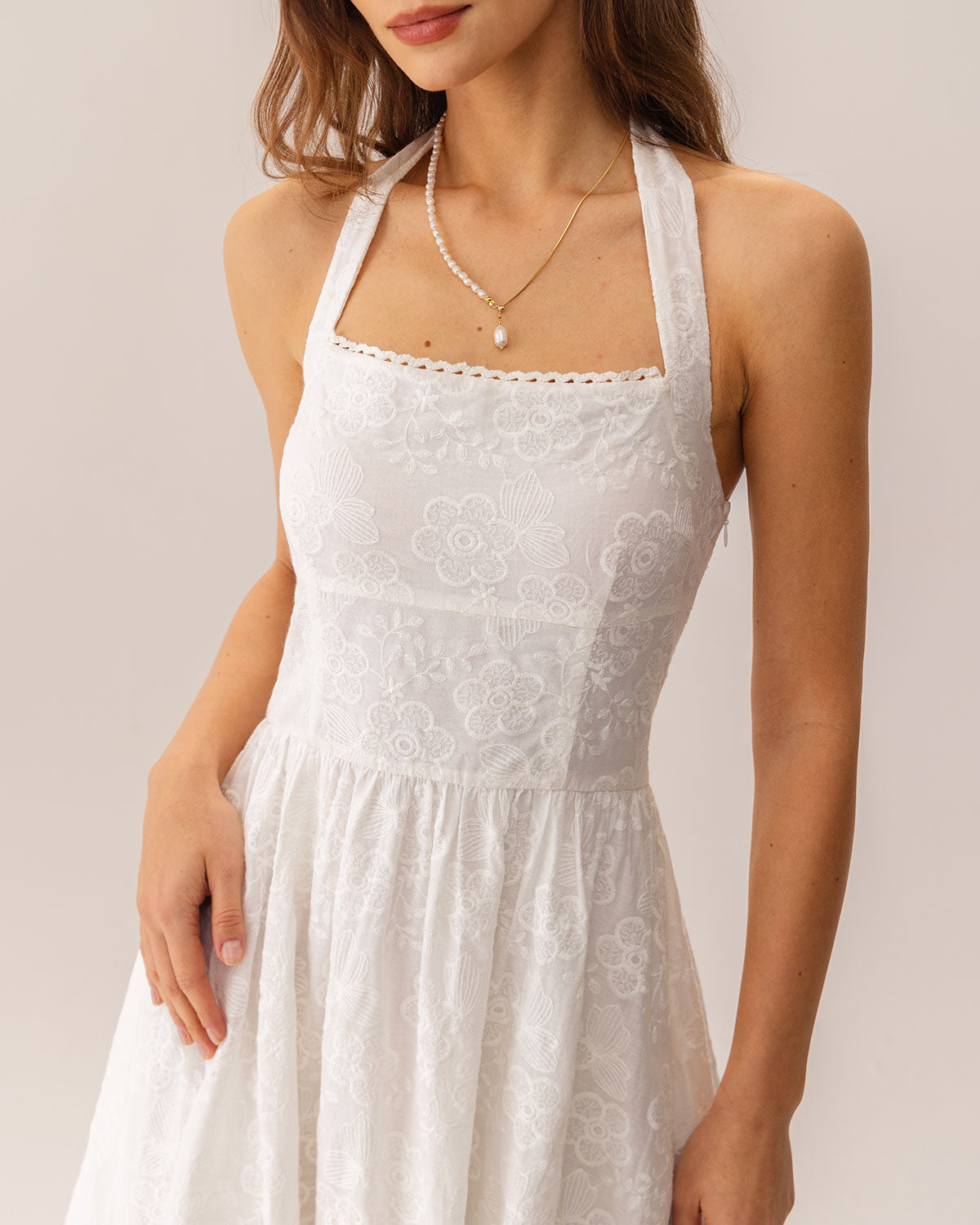 Embroidered White Halter Midi Dress