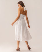 Embroidered White Halter Midi Dress