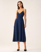 Navy Polka Dot Midi Dress with Shirred Details