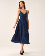 Navy Polka Dot Midi Dress with Shirred Details