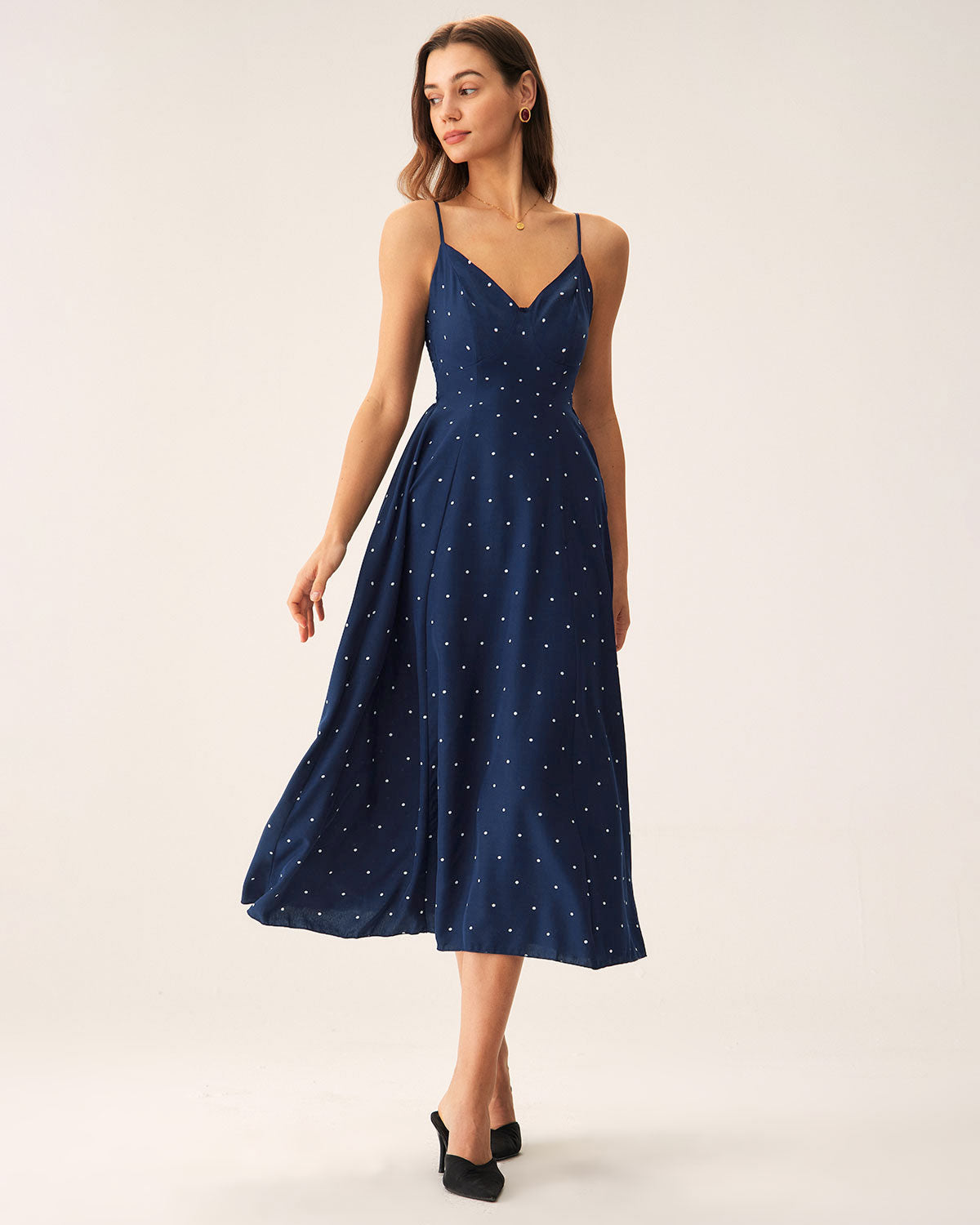 Navy Polka Dot Midi Dress with Shirred Details