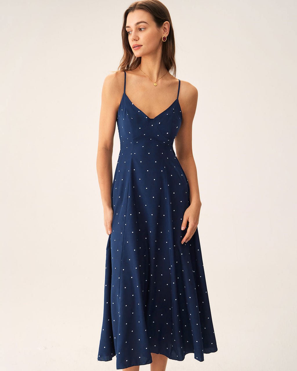Navy Polka Dot Midi Dress with Shirred Details