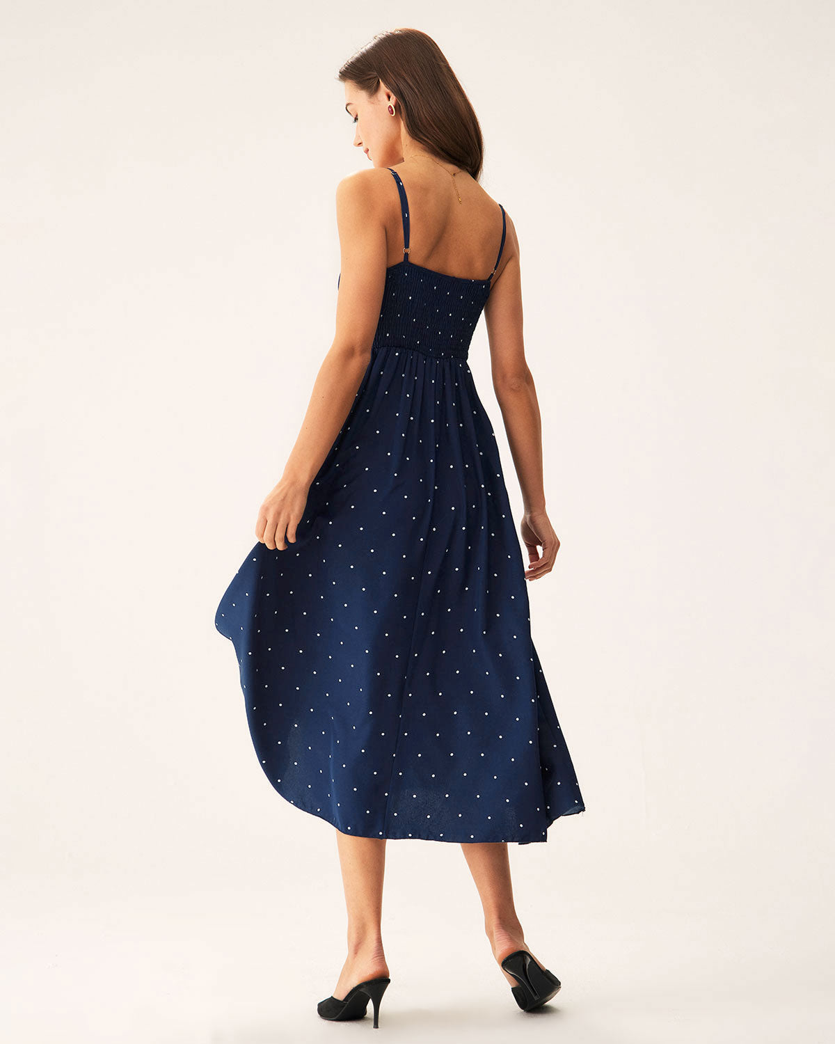 Navy Polka Dot Midi Dress with Shirred Details