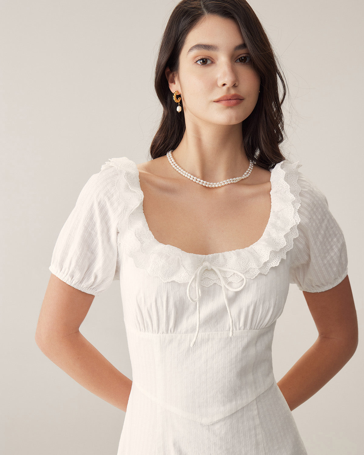 Maxi Dress with White Embroidery and Puffed Sleeves