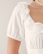 Maxi Dress with White Embroidery and Puffed Sleeves