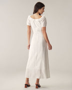 Maxi Dress with White Embroidery and Puffed Sleeves