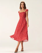 Red Floral Midi Dress with Sweetheart Neckline and Cap Sleeves