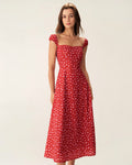 Red Floral Midi Dress with Sweetheart Neckline and Cap Sleeves