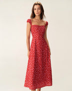 Red Floral Midi Dress with Sweetheart Neckline and Cap Sleeves