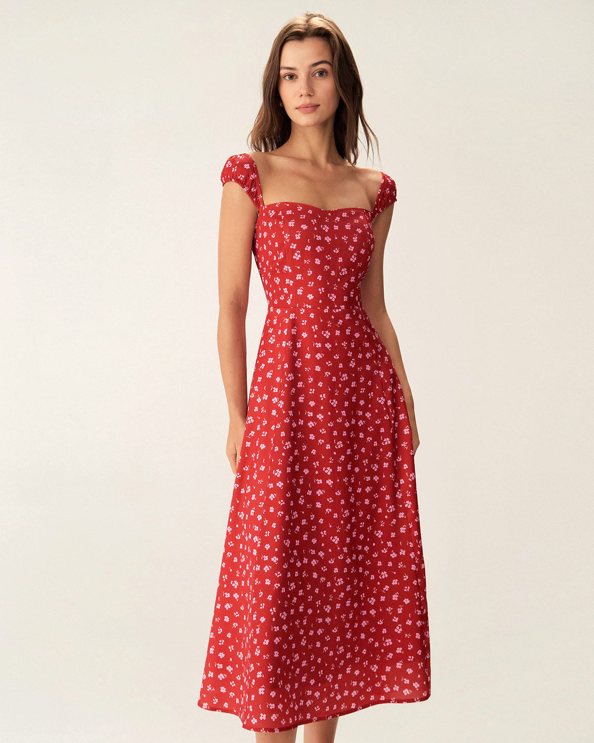 Red Floral Midi Dress with Sweetheart Neckline and Cap Sleeves