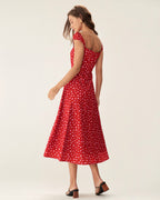 Red Floral Midi Dress with Sweetheart Neckline and Cap Sleeves