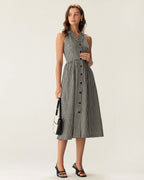 Black Plaid Sleeveless Midi Dress with Button Details