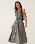 Black Plaid Sleeveless Midi Dress with Button Details