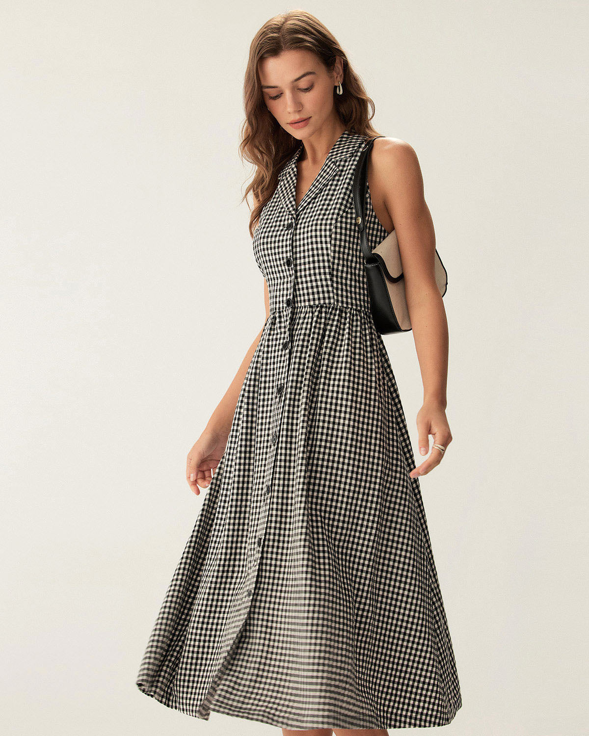 Black Plaid Sleeveless Midi Dress with Button Details