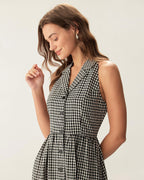 Black Plaid Sleeveless Midi Dress with Button Details